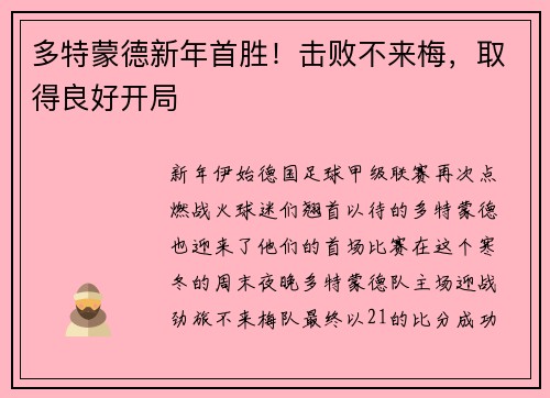 多特蒙德新年首胜!击败不来梅,取得良好开局